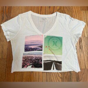 Hurley Y2K Cropped Shirt Size Medium White ocean Print v neck sheer beach surfer